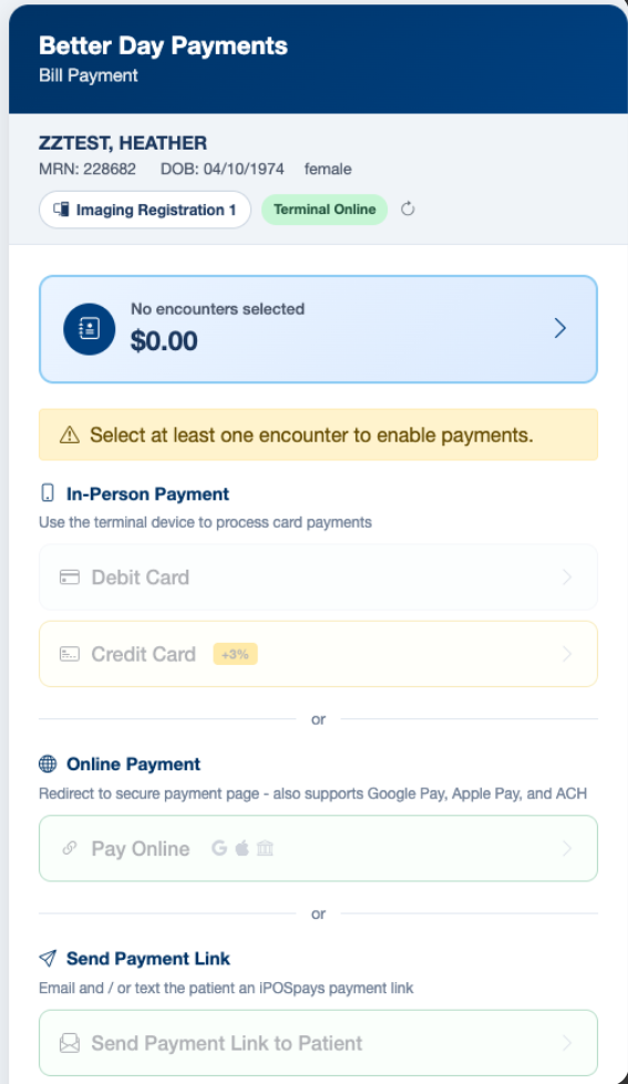 Bill payment screen with in-person, online, and send payment link options