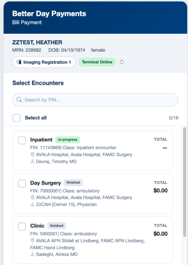 Select encounters screen pulling patient encounter data