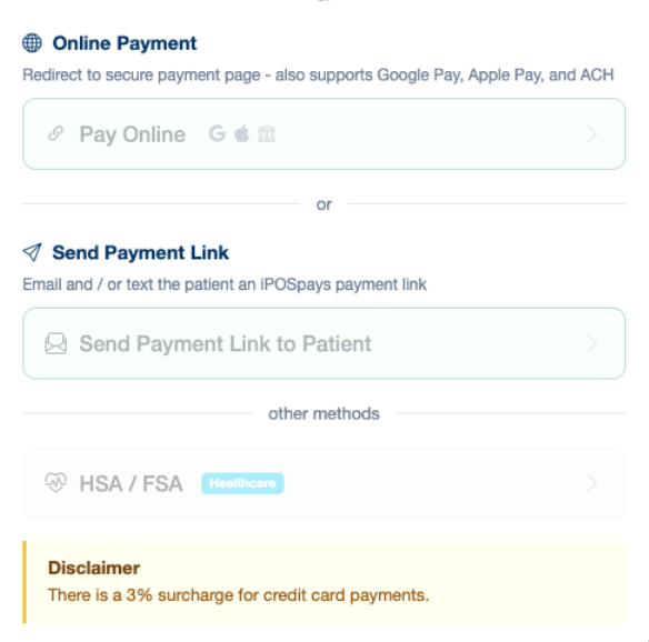 Payment methods including Apple Pay, Google Pay, ACH, and HSA/FSA
