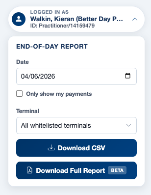 End of day report with CSV and full report download