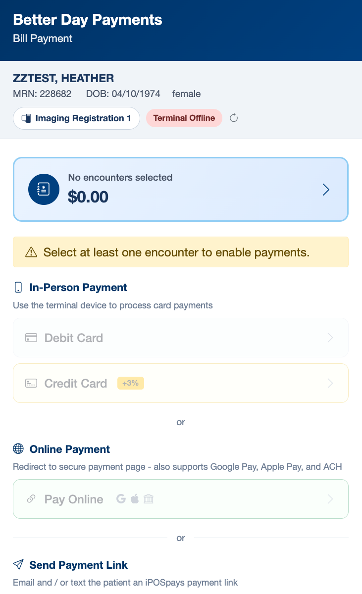 Better Day Payments bill payment screen inside the EHR